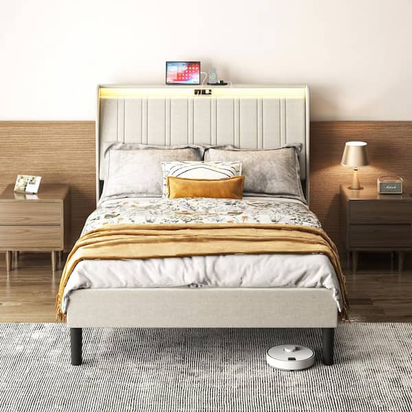 Beige Metal Frame Twin Size Platform Bed with Upholstered Headboard and Wood Slats