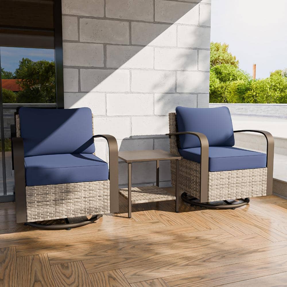 3-Piece Patio Wicker Conversation Set Bistro Set w/2 Rocking & Swivel Chair and 1 Side Table PE Rattan, Blue price history on PriceWatchPro