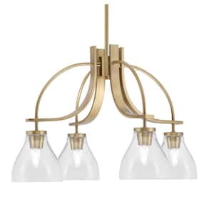Olympia 16.75 in. 4-Light New Age Brass Downlight Chandelier 5 in. Clear Bubble Glass Shade