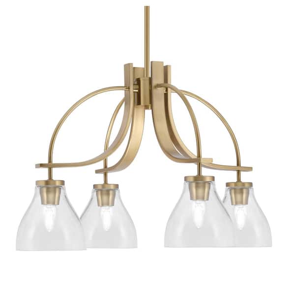 Lighting Theory Olympia 16.75 in. 4-Light New Age Brass Downlight Chandelier 5 in. Clear Bubble Glass Shade