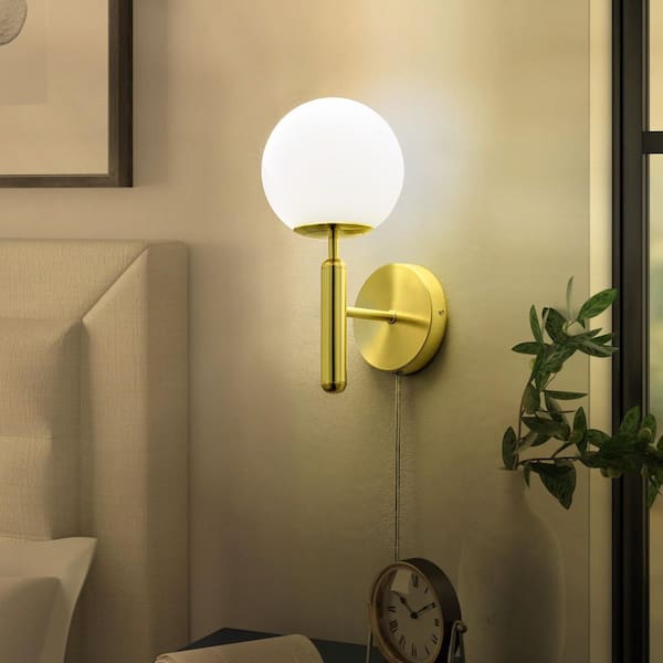 5.9 in. 1 Light Plug in LED Wall Sconces with Clear Globe Glass Shade, Gold Metal Base Wall Lamp