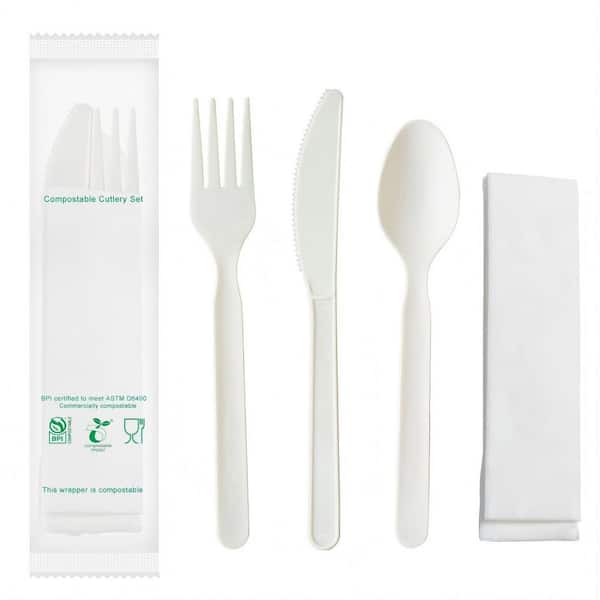 200-Set 7 in. Plastic Compostable Cutlery Kits, 4-in-1 Individually Wrapped Disposable Utensils