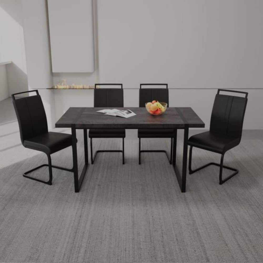 59 in. Dining Table Country Industrial Rectangular Black Set. 4-Pieces. Kitchen Chair Set with Black Metal Table Legs