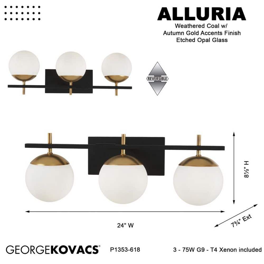 Autumn Gold & Weathered Black 3-Light Vanity with Etched Opal Shades