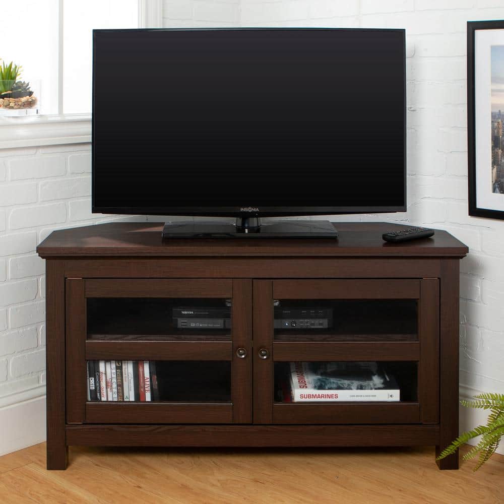 Espresso Corner TV Console with Cabinet and Glass Doors