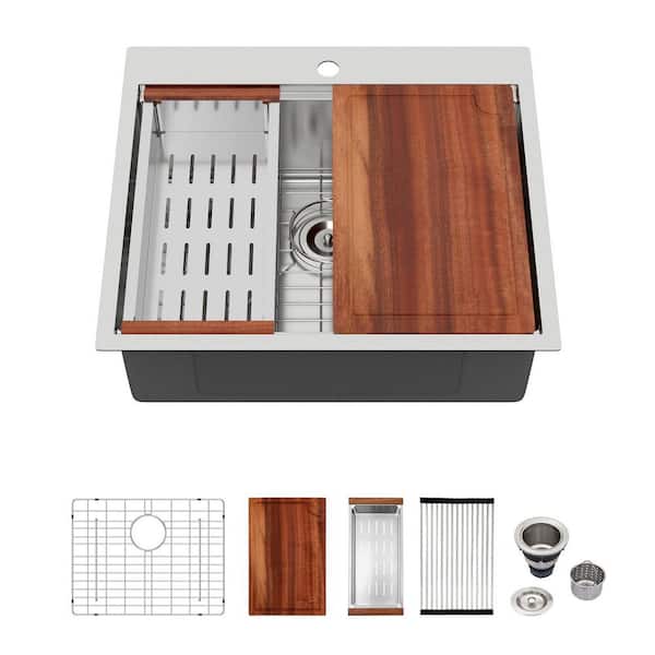 25 in. Undermount Single Bowl 16 Gauge Brushed Nickel Stainless Steel Kitchen Sink with Cutting Board and Colander