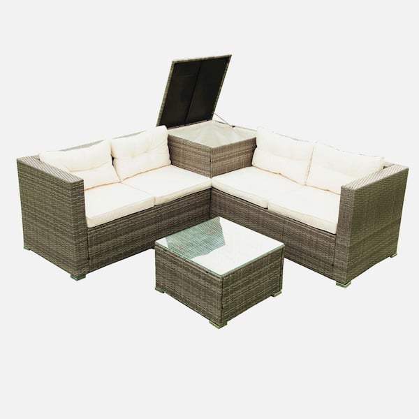 Angel Sar 4-Piece Wicker Outdoor Sectional Furniture Sofa Set with Storage Box and Creme Cushions