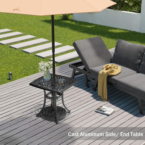 All-weather Aluminum 21 in. Square Outdoor Side Table Patio End Table in Black with Umbrella Hole