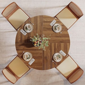 Roesler Modern Round Dining Table, Brown Wood Pedestal Dining Table with Metal Frame for 4-6