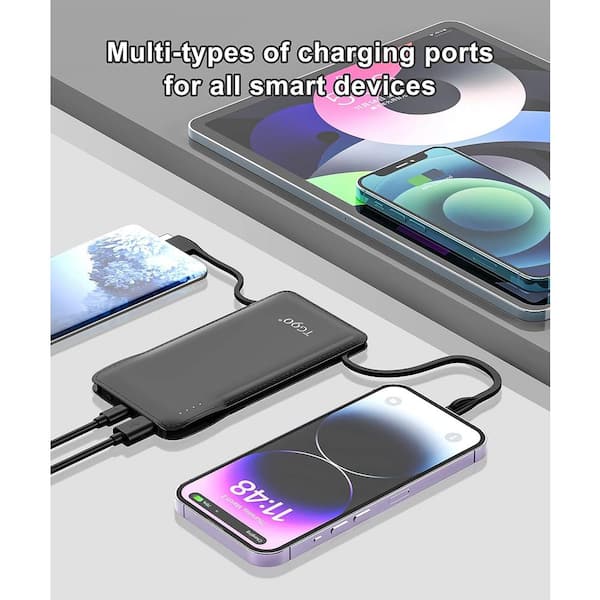 10000mAh Portable Charger Power Bank External Battery Pack w/ 4 Built-in  Cables