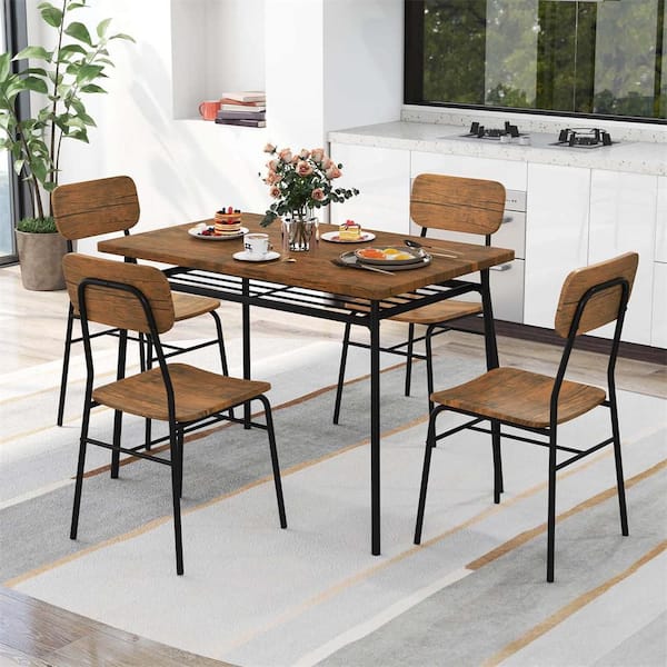 5-Pieces Black+Brown Wood Square Kitchen Table and Chair Set with Metal Frame Storage Rack