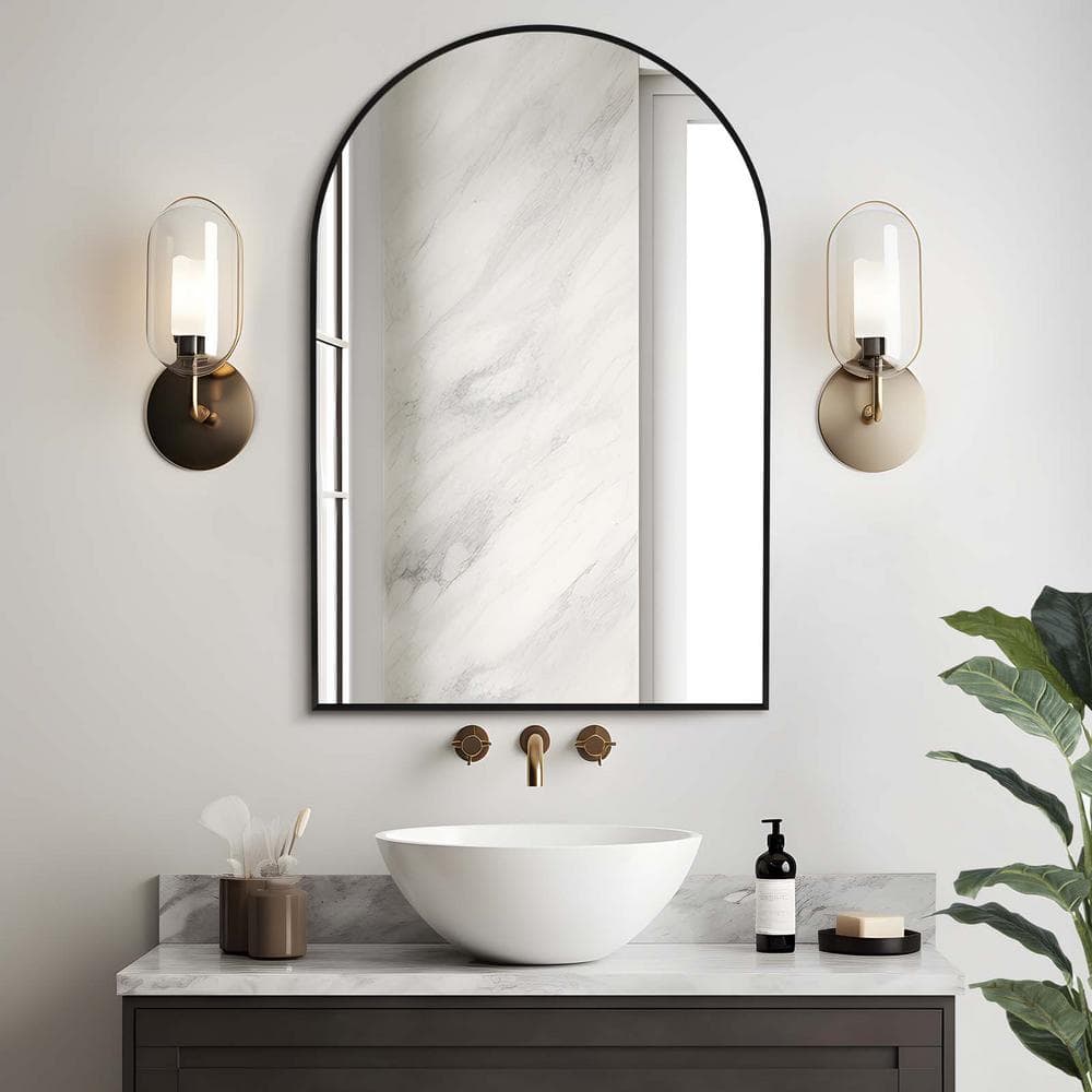 Black 24 in. W x 36 in. H Arched Framed Mirror for Wall, Bathroom Mirror Va