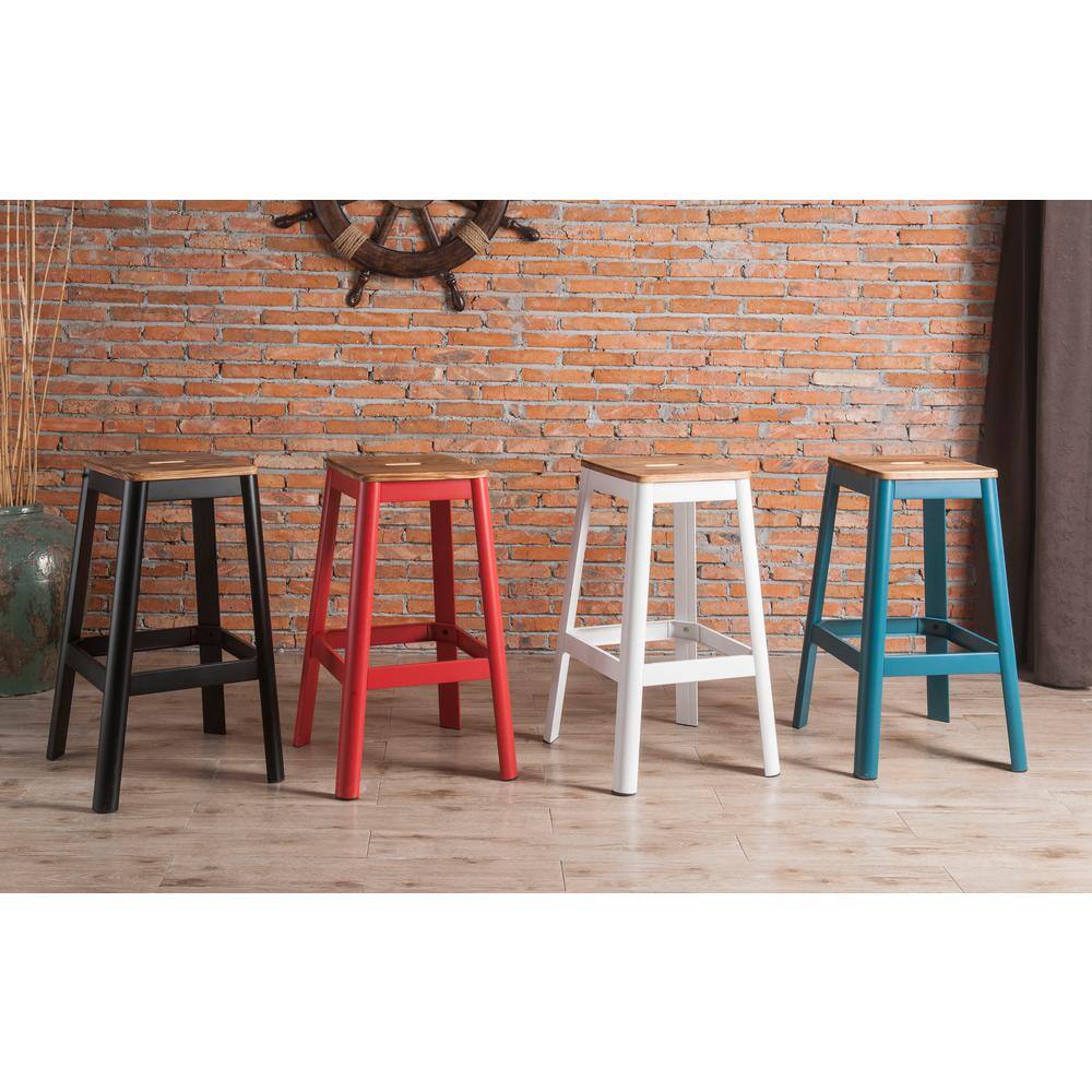 Red and Natural Pine Wood Backless Bar Stool with Metal Frame