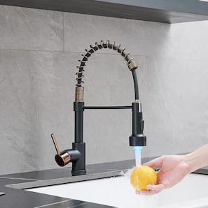 Brass Single Handle Pull Down Sprayer Kitchen Faucet with LED Temperature Sensor Light in Matte Black with Rose Gold