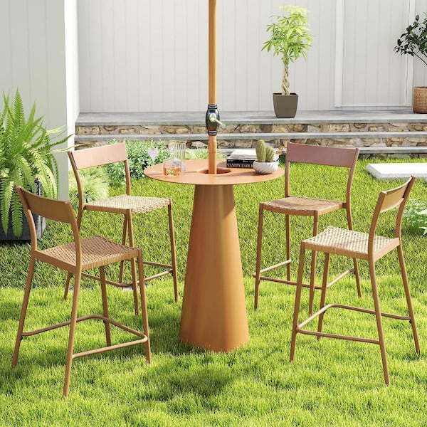 4PCS Patio Barstools Outdoor Bar Height Chairs w/ Rattan Seat and Metal Backrest