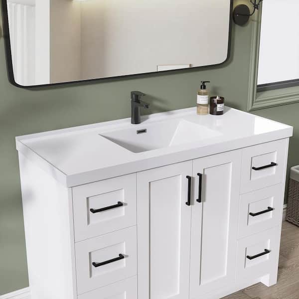 48 in. W x 22 in. D x 35.5 in. H Freestanding Bath Cabinet White Bathroom Vanity with Single Basin Solid Surface Top