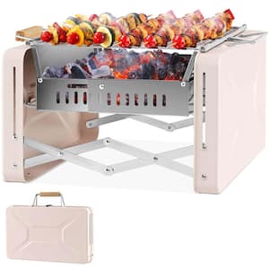 Outdoor Portable Charcoal Grill in White with 2 Stainless Steel Grill Nets Charcoal Box for Camping