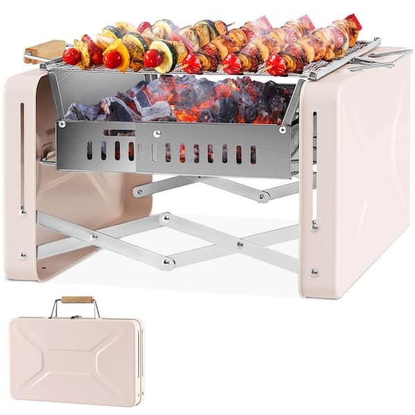 Costway Outdoor Portable Charcoal Grill in White with 2 Stainless