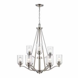 Simi 9-Light Brushed Nickel Modern Kitchen or Dining room Hanging Chandelier with Seeded Glass Shades
