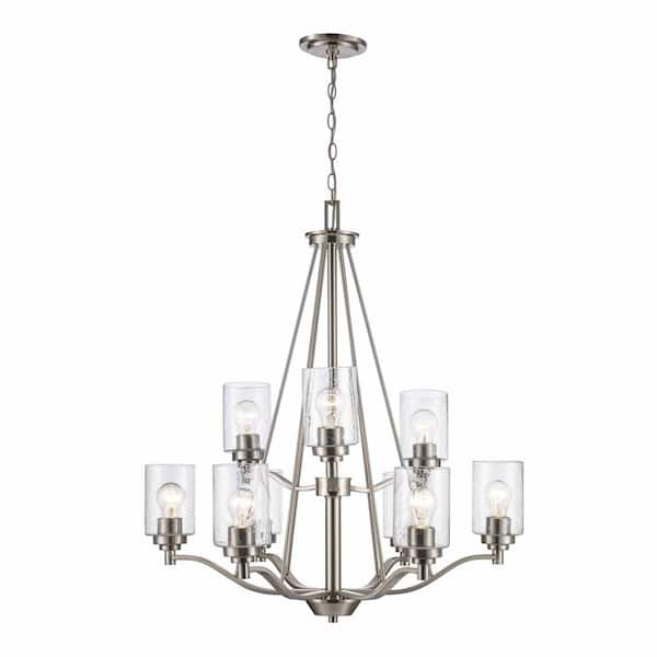 Simi 9-Light Brushed Nickel Tiered Chandelier Light Fixture with Seeded Glass Shades