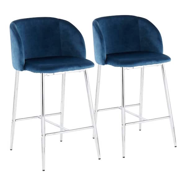 Lumisource Fran 26.5 in. Blue Velvet and Chrome Metal Counter Height Bar Stool (Set of 2)