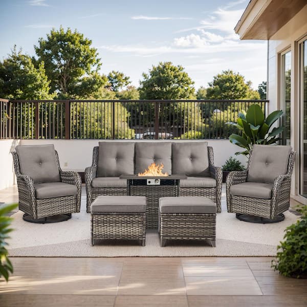 moosprr 6-Piece Gray Wicker Outdoor Chat Sets with Olefin Gray Cushions and Curved Arm Swivel Glider/Couch and Ottoman