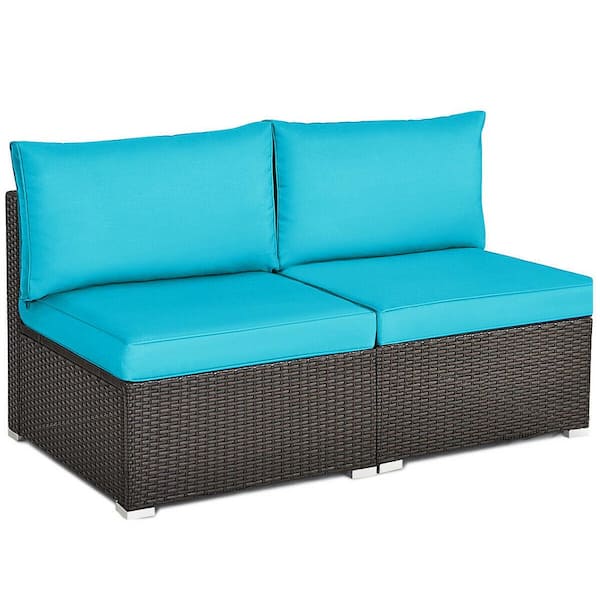 Costway 2-Piece Wicker Patio Rattan Armless Sofa Sectional Furniture Conversation Set with Turquoise Cushions