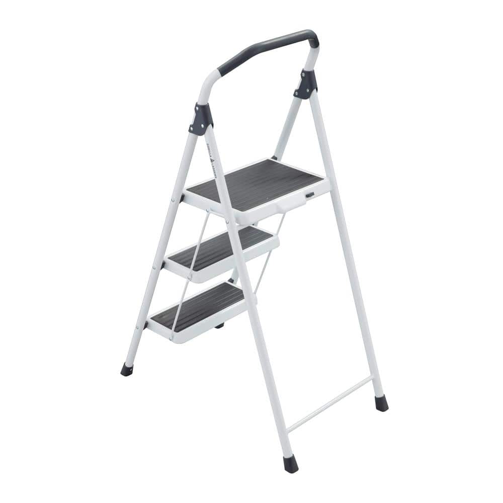 3-Step White and Black Foldable Steel Step Stool Ladder
