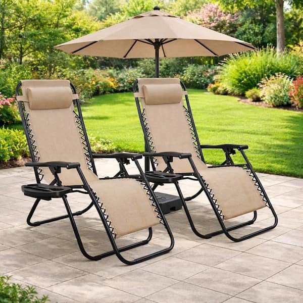 Barca Folding Zero Gravity Chairs Steel Sling Outdoor Lounge Chairs with Breathable Cream Mesh Fabric (2-Pack)