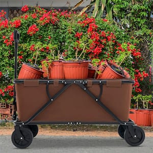 6 cu. ft. Metal Wagon Garden Cart with Adjustable Handlebar Bottle Holders and Storage Pocket Coffee