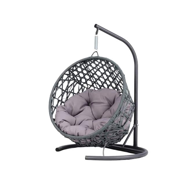 Wicker Outdoor Patio Swing Egg Hanging Chair with Gray Cushion