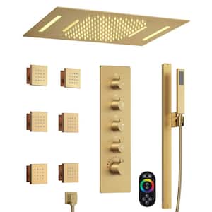 RGB LED 15-Spray Dual Ceiling Mount 23 in. x 15 in. Fixed & Handheld Shower Head 2.49GPM in Brushed Gold (Valve Include)