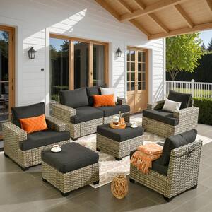 Kelleys 7-Piece Wicker Modern Outdoor Patio Conversation Sofa Seating Set with Black Cushions