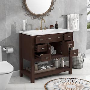 36 in. W x 18 in. D x 34.1 in. H One Sink Bath Vanity in Brown with White Resin Top Sink 2 Soft Closing Doors 6-Drawers