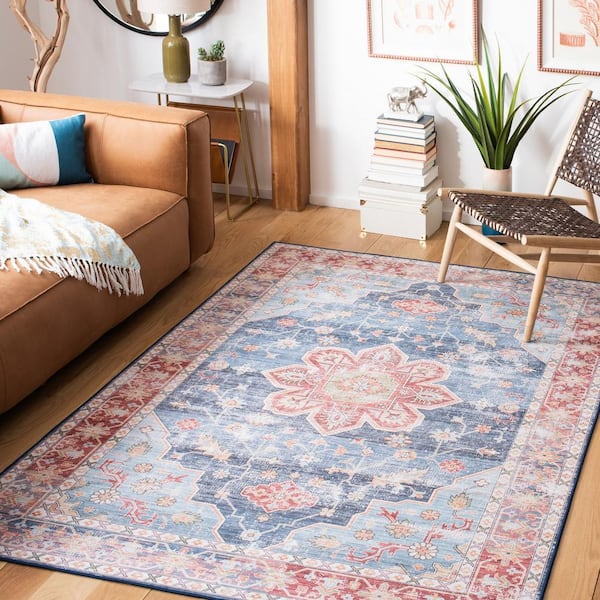 Tuscon Blue/Rust 5 ft. x 5 ft. Machine Washable Distressed Medallion Square Area Rug