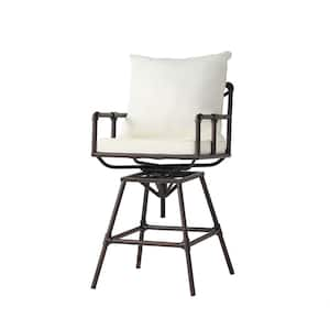 Industrial Design Swivel Powder Coated Metal Outdoor Bar Stool with Adjustable Height in Water Resistant White Cushions