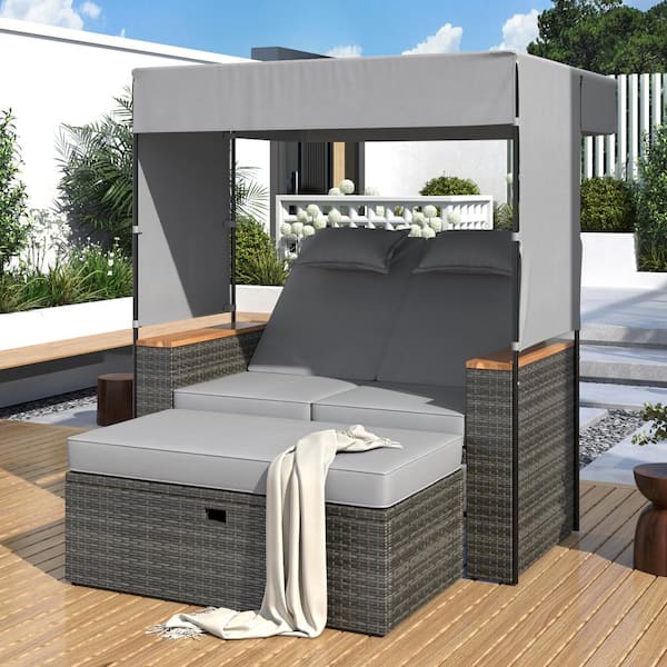 Harper & Bright Designs Gray Wicker Outdoor Chaise Lounge Daybed with Canopy, Adjustable Backrest, Storage Ottoman and Gray Cushions