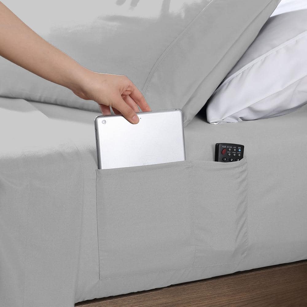 Queen Silver Microfiber Smart Sheet Set with Storage Pockets