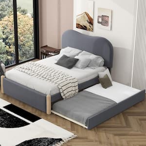 Gray Wood Frame Full Berber Fleece Upholstered Platform Bed with Twin Size Trundle, Support Legs, Arc-Shaped Headboard
