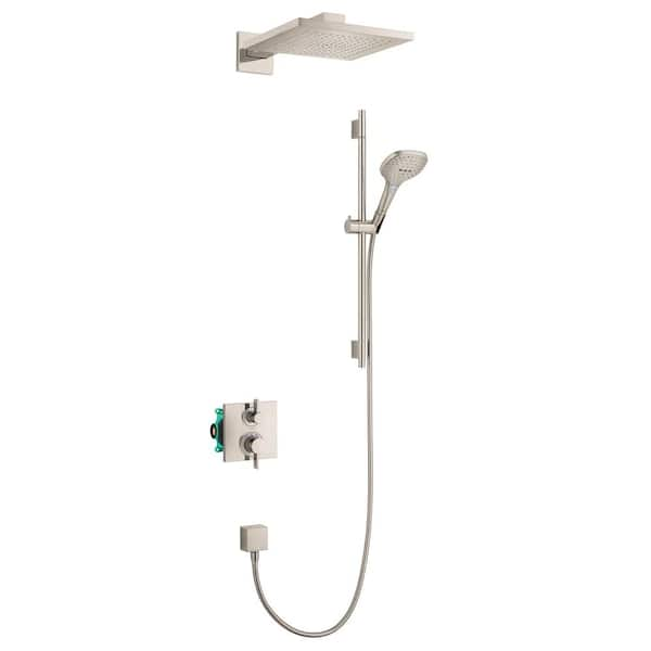 Raindance E 3-Spray Square Showerhead and Wall Bar Set with Valve in Brushed Nickel