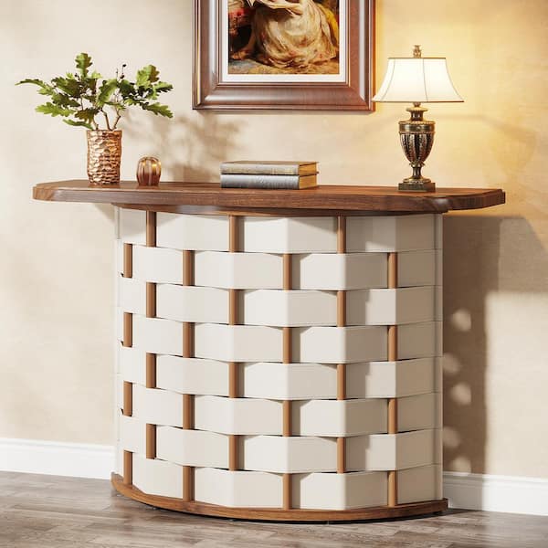 BYBLIGHT 35.4 in. Brown Half-Circle Wood Console Table, Half Moon Entry Table with Woven Leather Base