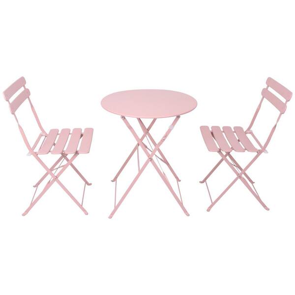 Pink 3-Piece Metal Folding Outdoor Bistro Set with 2 Cushions ZQ