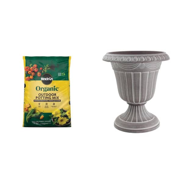 Organic Potting Mix 25 qt. Soil with Natural Fertilizer and 13 in. x 15 in. Whitewash Plastic Urn