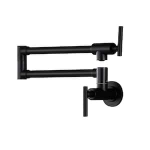Modern Wall Mount Hot Cold Water Faucet with Folding Stretchable 2-Handles Single Hole Pot Filler Faucet in Black