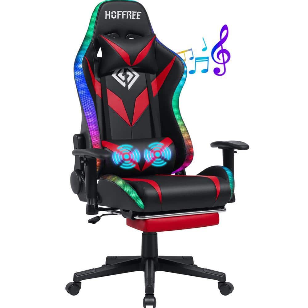 Faux Leather Massage LED Reclining Ergonomic Gaming Chair in Red with Bluetooth Speakers and Adjustable Armrest