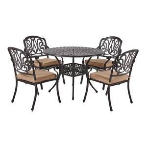 Classic Dark Brown 5-Piece Cast Aluminum Outdoor Dining Set with Round Table and Stackable Chairs khaki Cushions