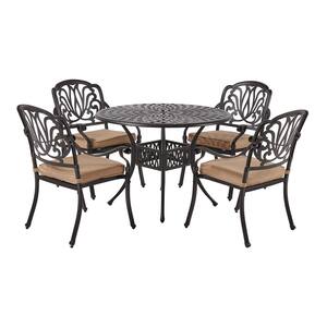 Classic Dark Brown 5-Piece Cast Aluminum Round Outdoor Dining Set with Table and Stackable Chairs Khaki Cushions