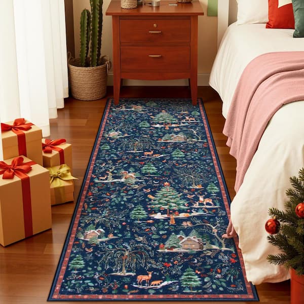 Christmas Woodland Forest Blue Trees Animals Snowflake Non-Slip 2 ft. x 6 ft. Living Room/Bedroom Indoor Runner Rug