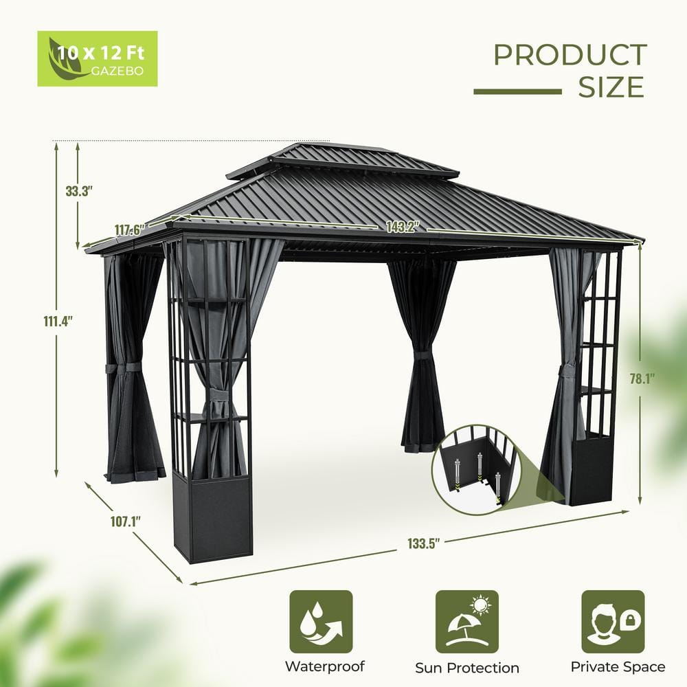 Gray Aluminum Double Roof Patio Gazebo with Curtains