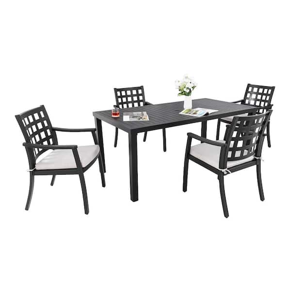 5 Piece Metal Outdoor Dining Set, a Rectangular Table and 4 Stationary Dining Chairs with White Sunbrella Cushions